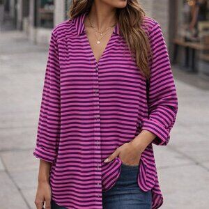 Banana Republic size M Pink and Black Striped Sheer 3/4 sleeve button up blouse